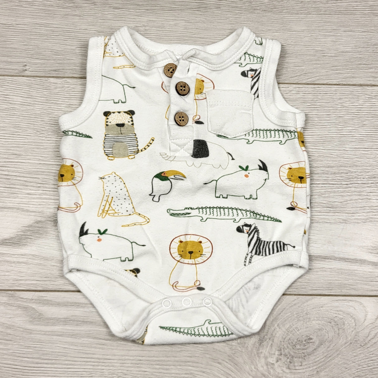 ADRT1 - Baby Mode white tank style bodysuit with animals. Size 0-3 months