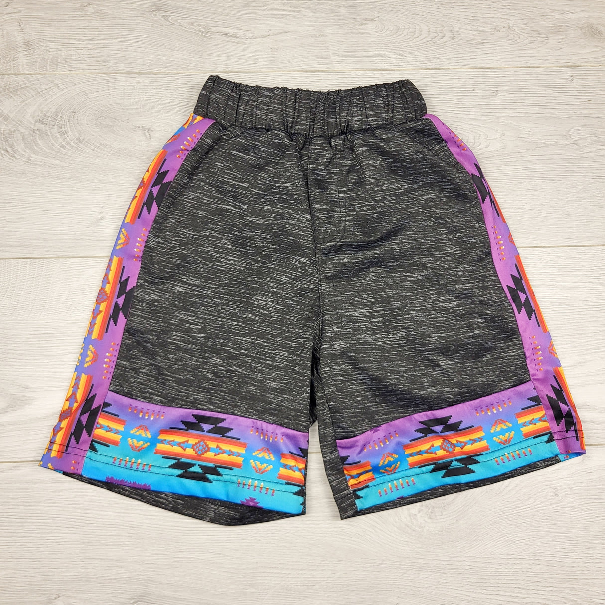 SPLT3 - Nu Trendz grey active shorts with Southwestern style trim. Size small (6/7ish)