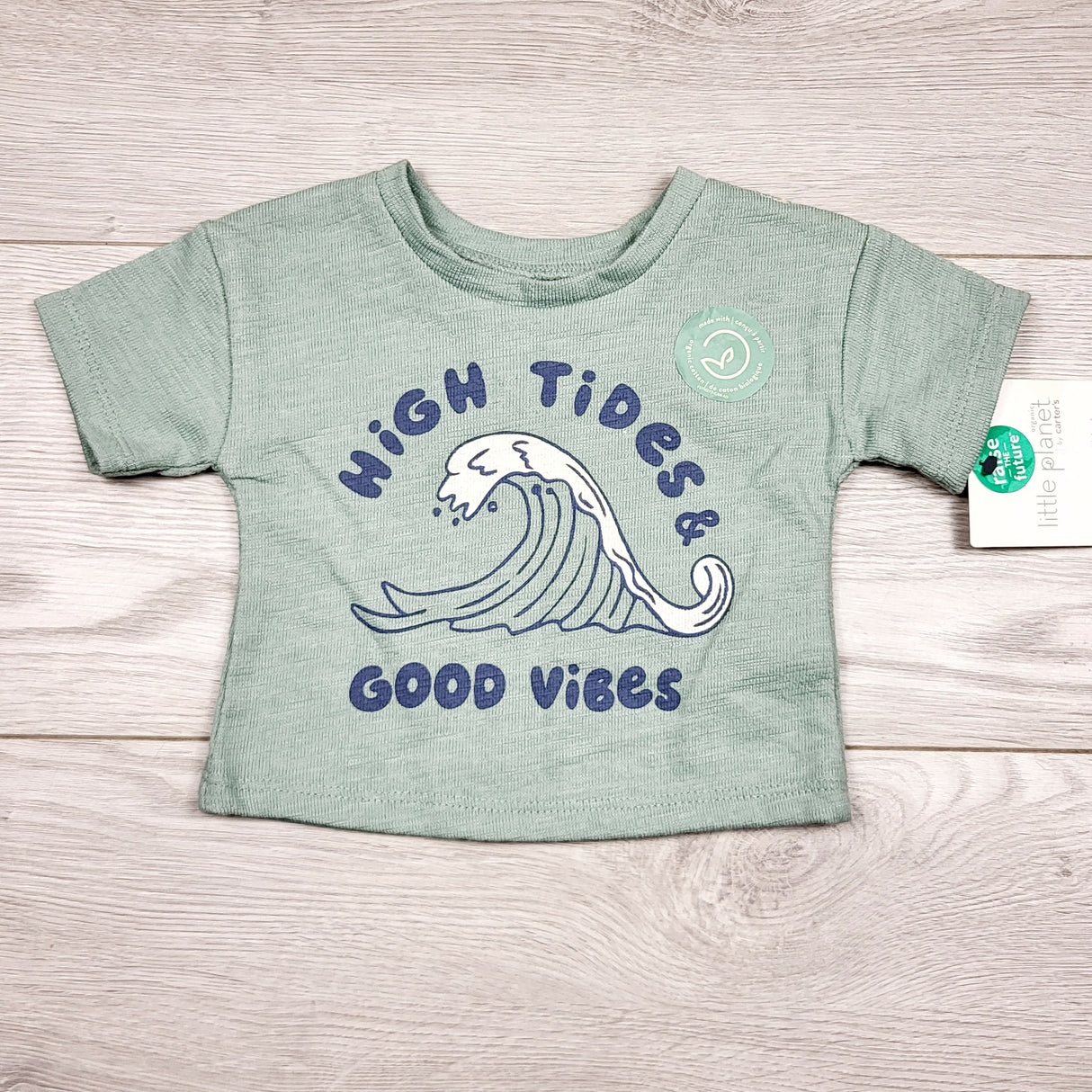 CCAM1 - NEW - Little Planet green "High Tides and Good Vibes" t-shirt. Newborn size