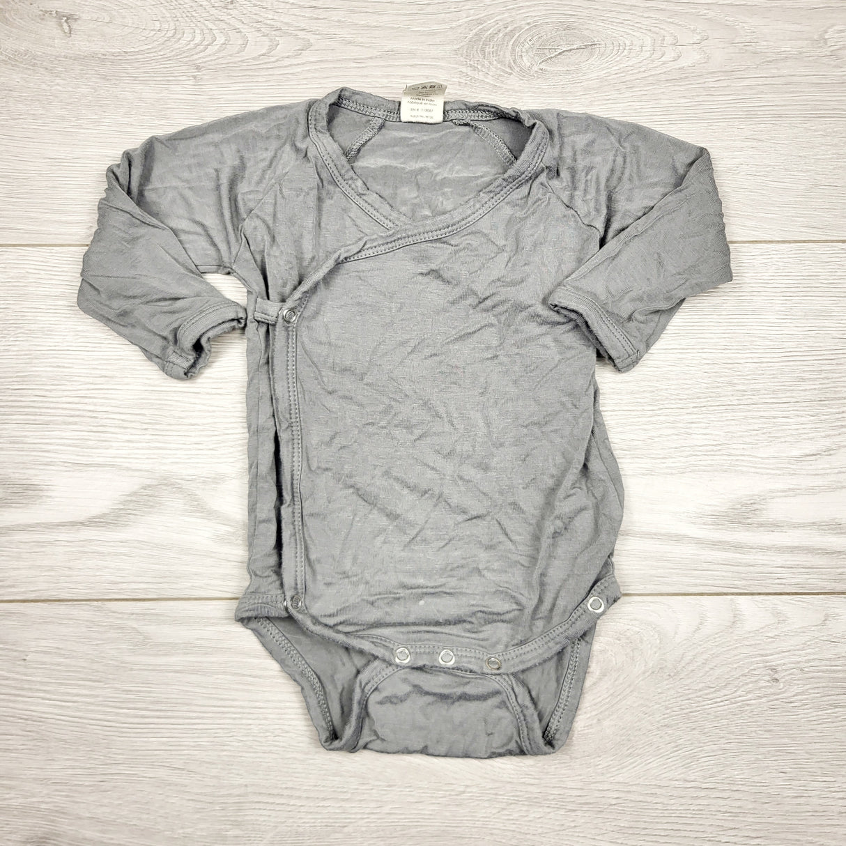 CCAM11 - Kate Quinn grey bramboo wrap style bodysuit. Size 3-6 months