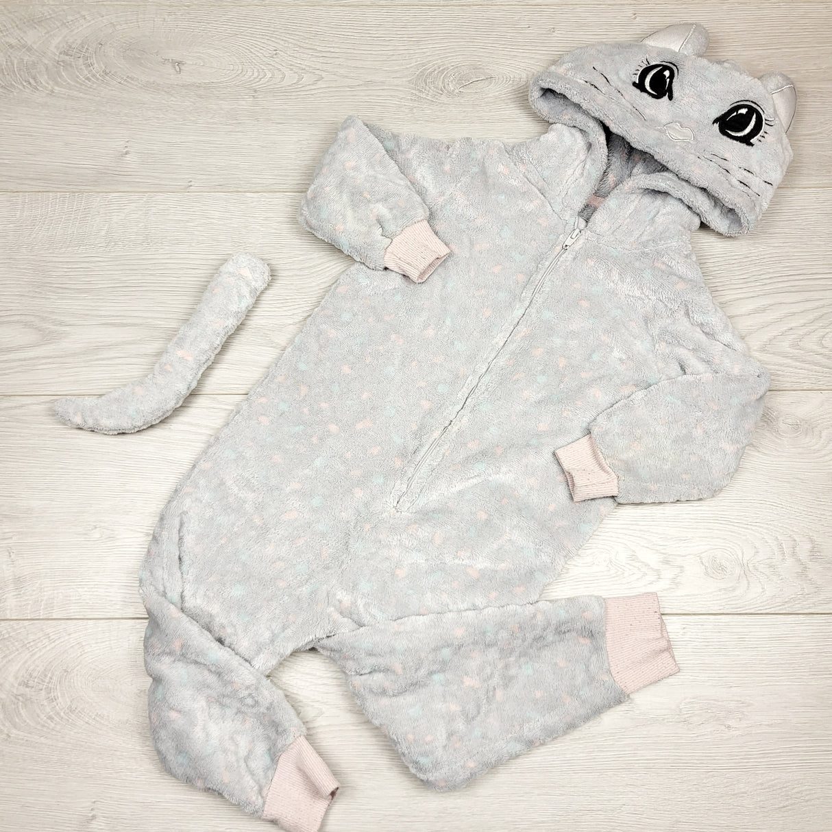 NKLB11 - George grey spotted plush cat onesie with removable tail. Size 3T