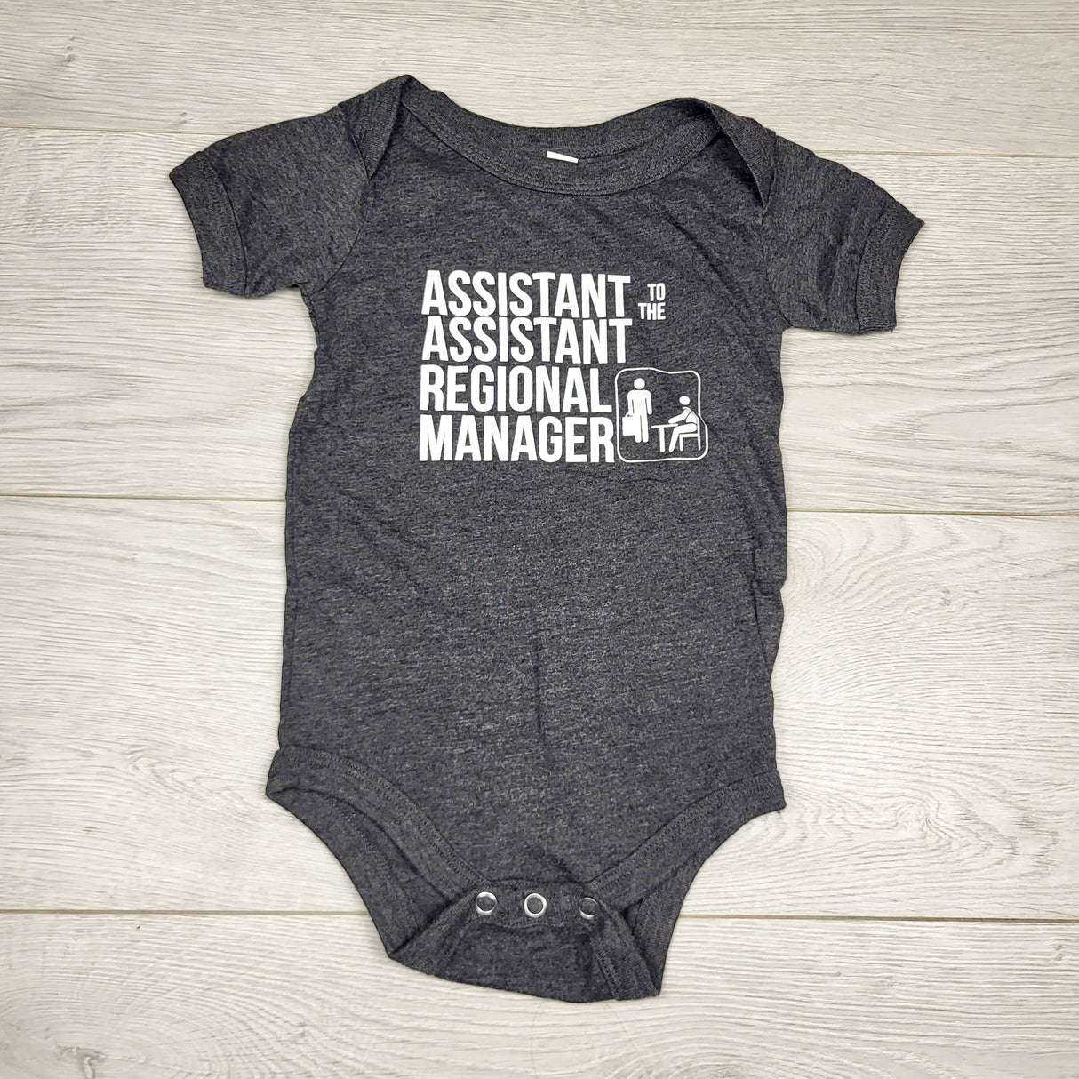 SMRSH1 - Grey handmade "Assistant to the Assistant Regional Mananger" bodysuit. size 12-18 months