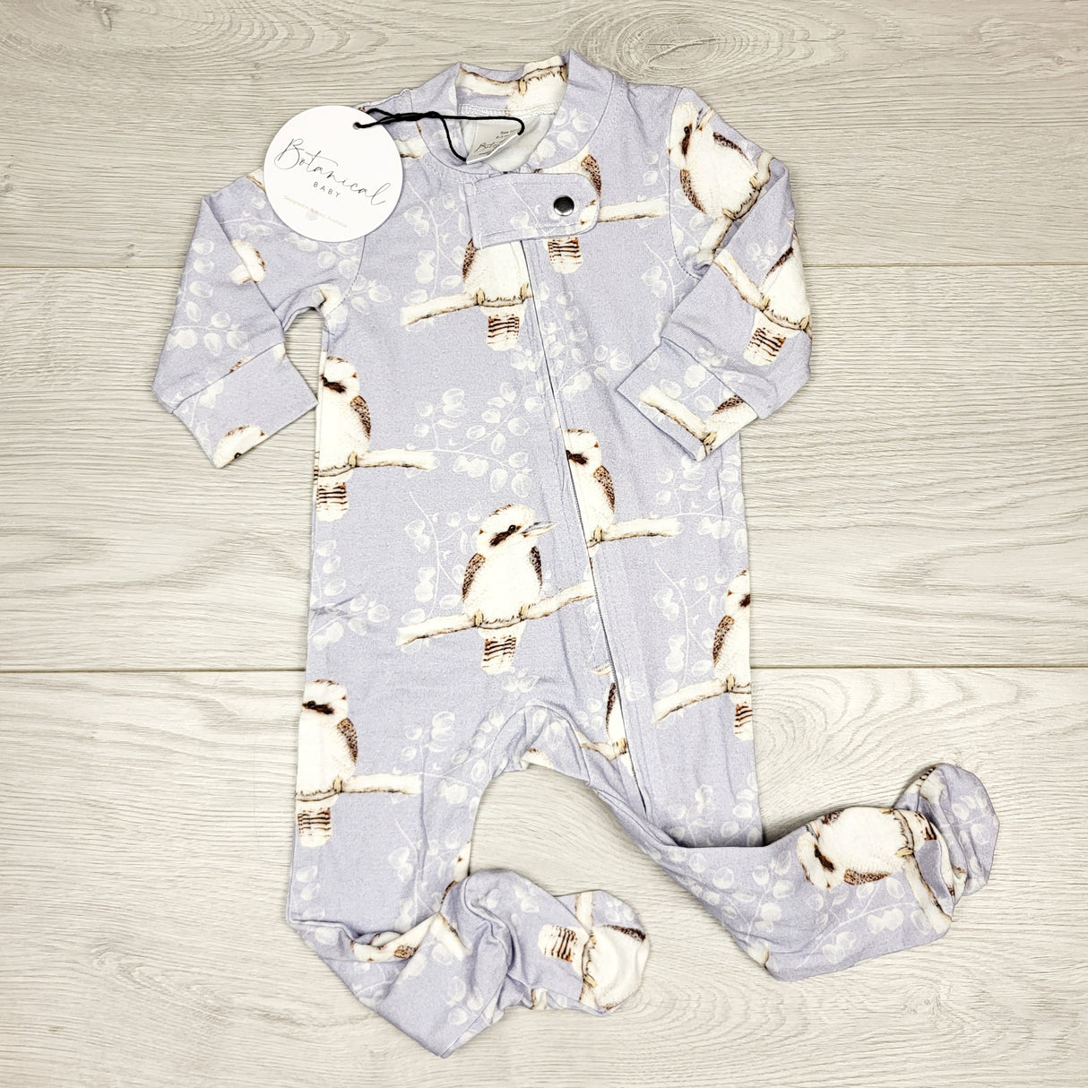 SMRSH1 - NEW - Botanical Baby zip up bamboo sleeper with kookaburas. Size 0-3 months