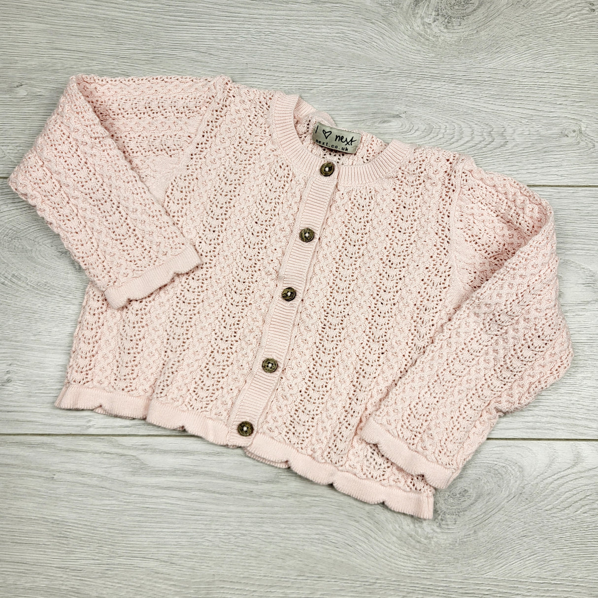 RGRN1 - Next pink open knit cardigan sweater. Size 12-18 months