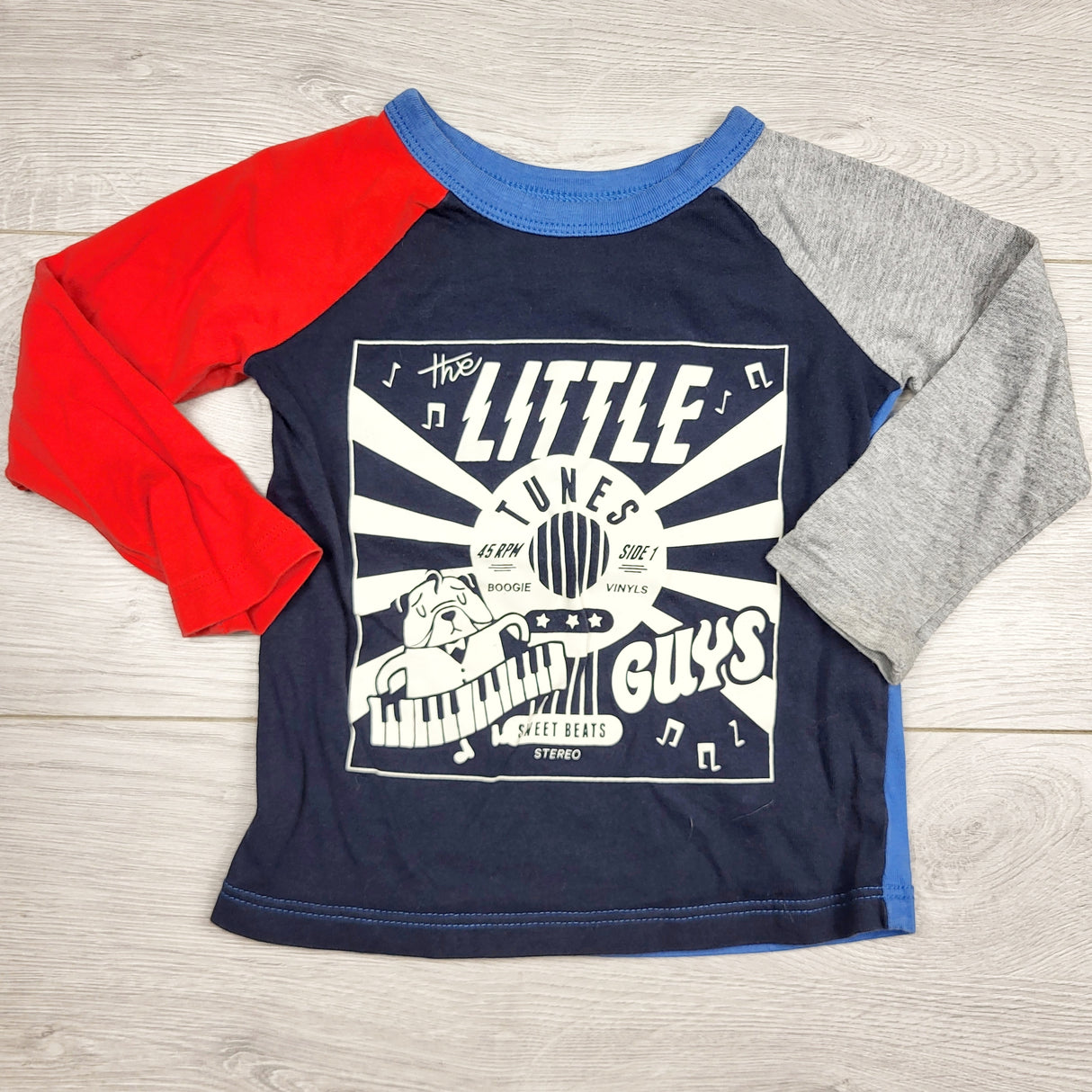 RGRN1 - Joe navy, red and grey raglan top. Size 12-18 months