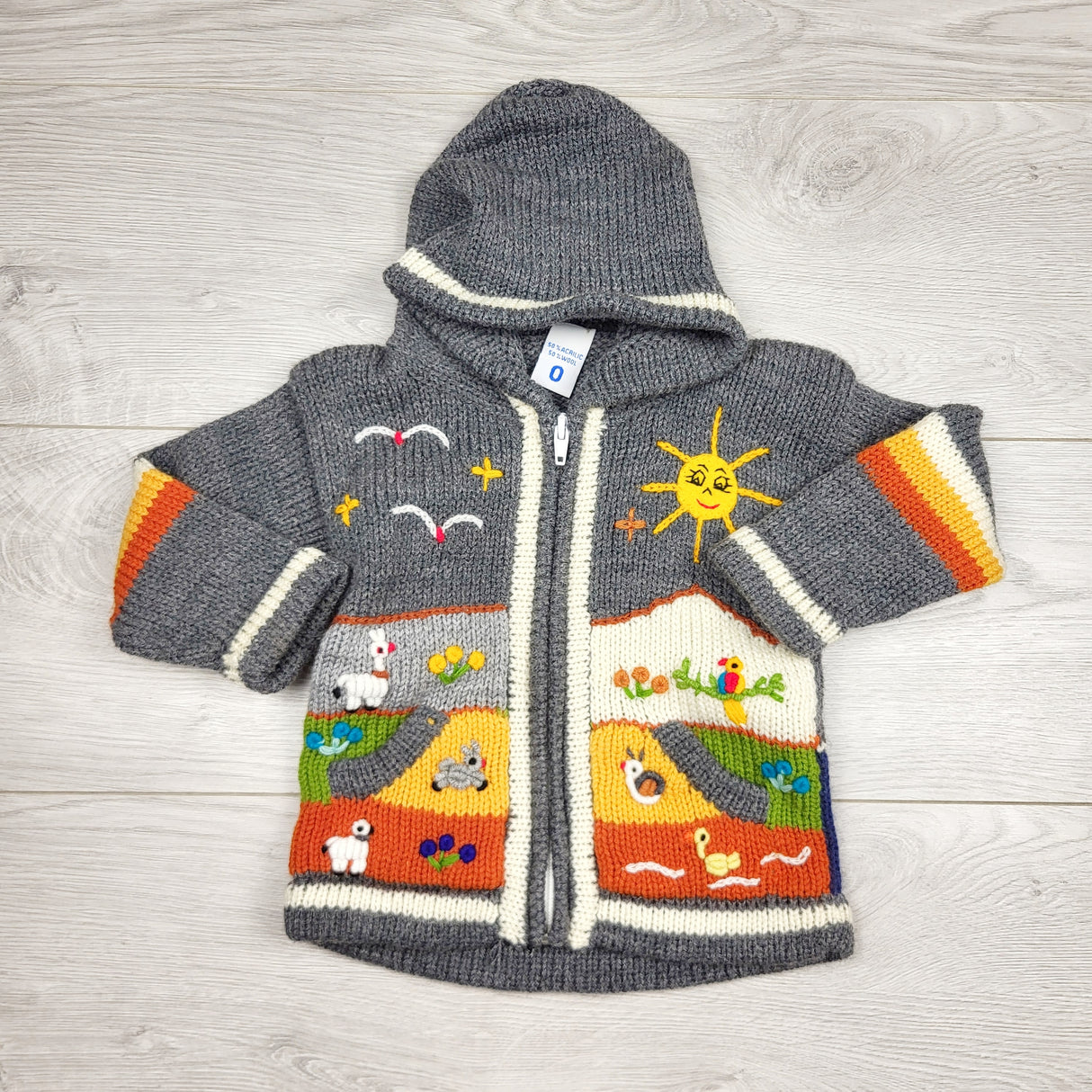 RGRN1 - Grey zip up wool blend hooded peruvian sweater. Size 0 (sizes like 12-18 months)