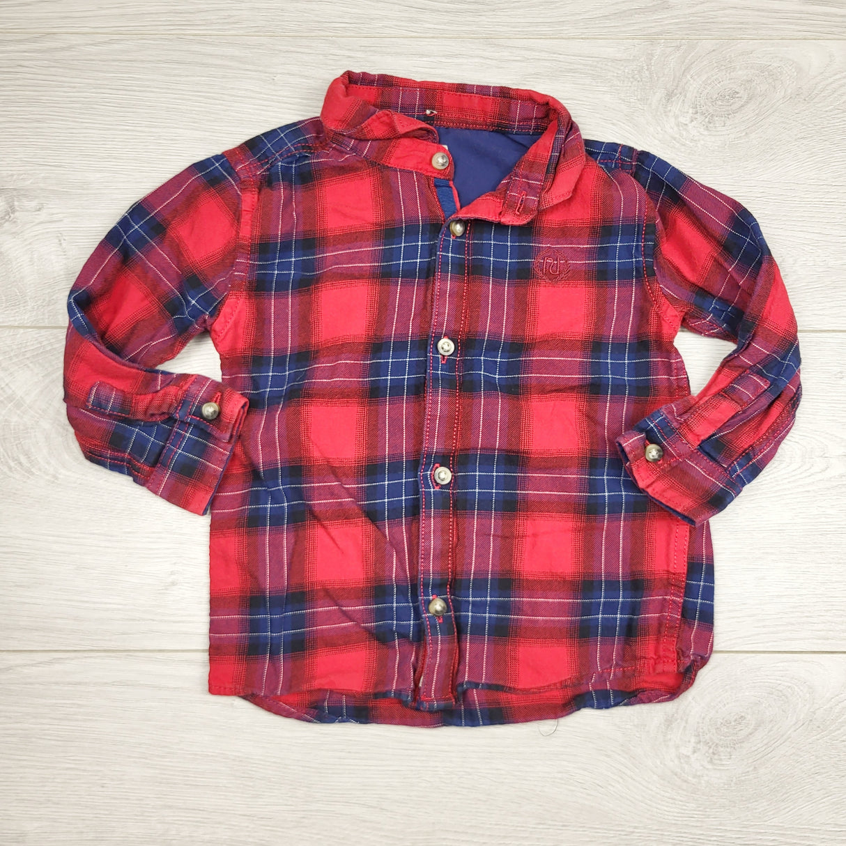 RGRN1 - River Island Mini red plaid button down shirt with jersey lining. Size 12-18 months