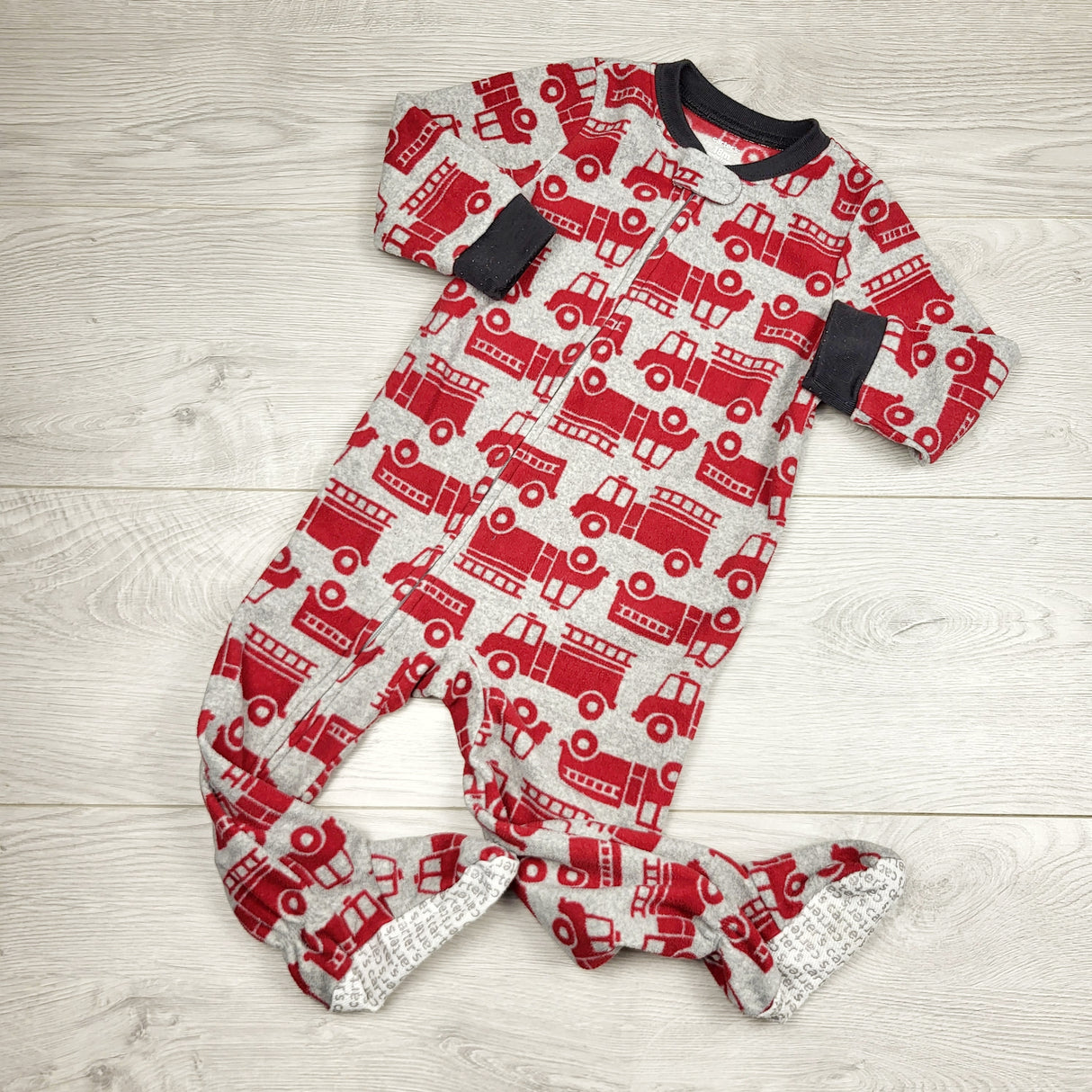 RGRN1 - Carters grey zippered fleece sleeper with fire trucks. Size 18 months