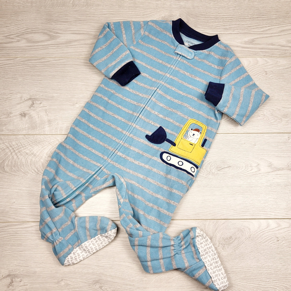 RGRN1 - Carters blue striped zippered fleece sleeper with digger. Size 18 months