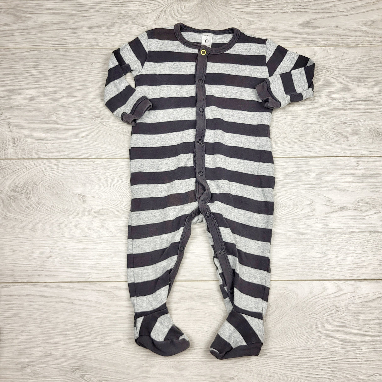 RGRN1 - Petit Lem grey striped cotton sleeper. Size 9 months