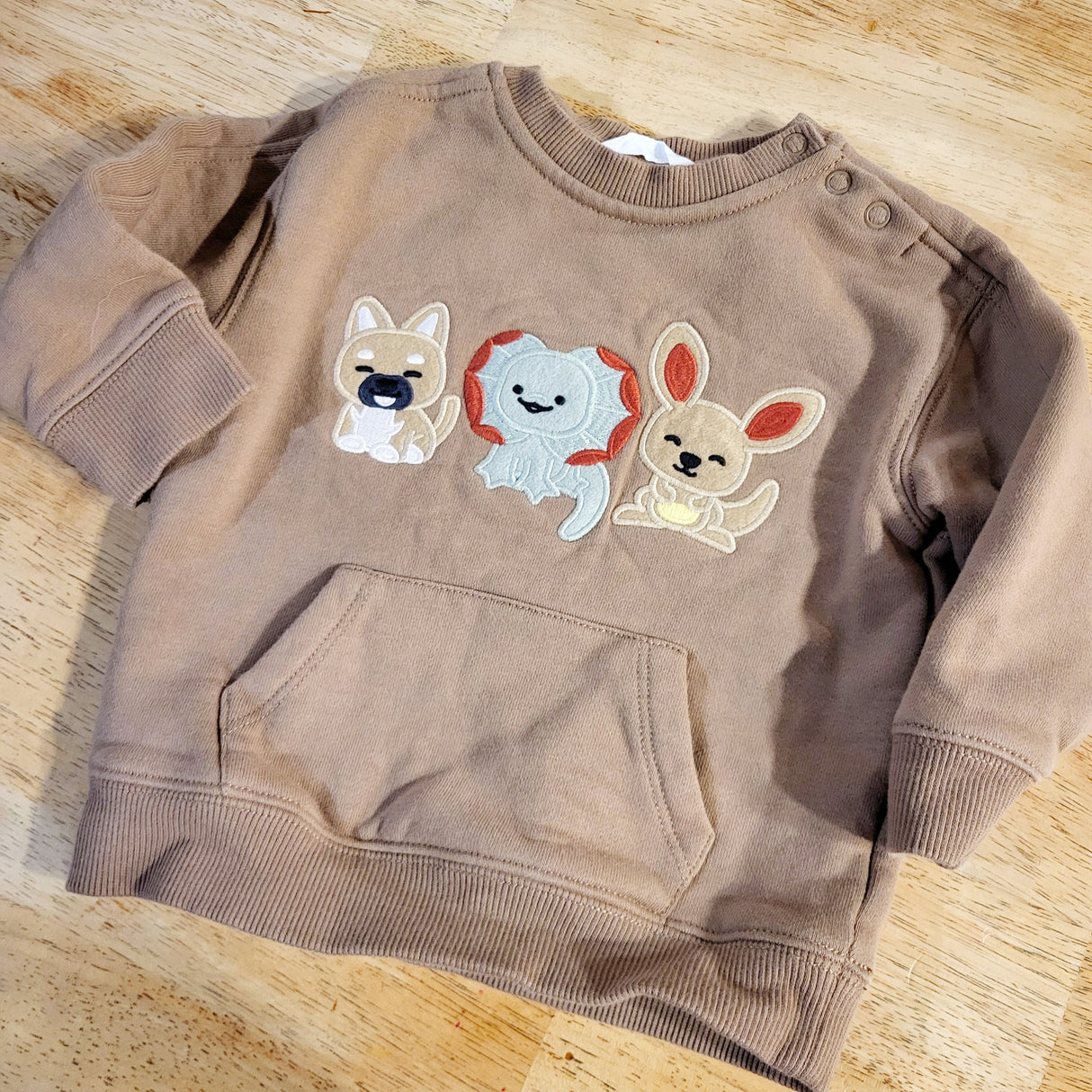 SMRSH1 - Country Road tan fleecy lined sweatshirt with animals. Size 12-18 months