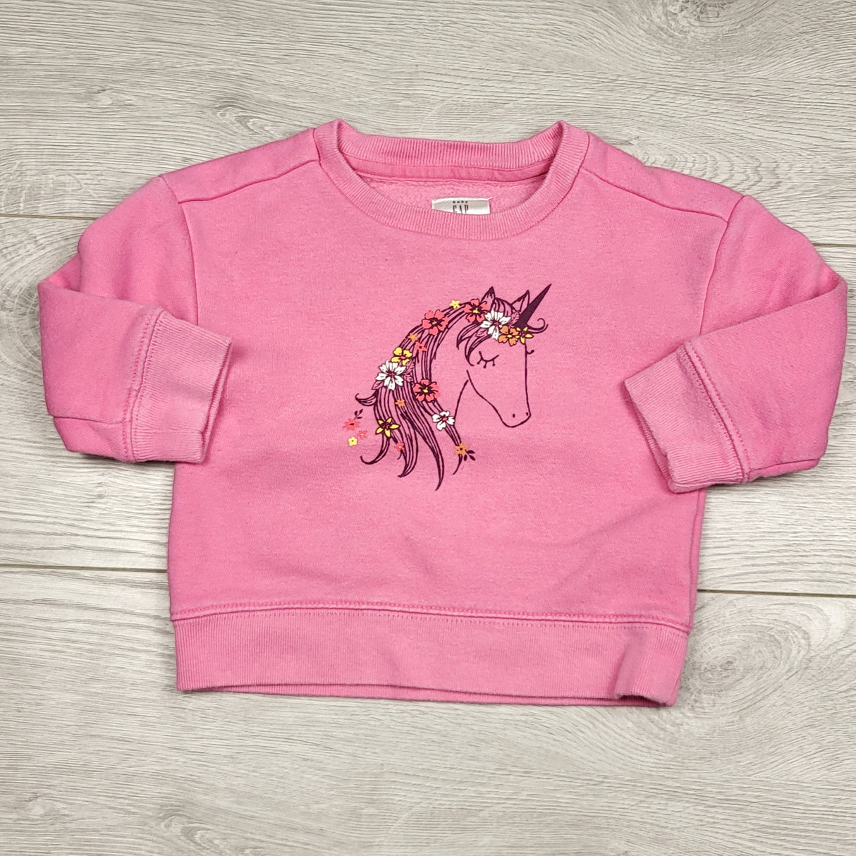 RGRN2 - Gap pink fleecy lined sweatshirt with unicorn. Size 12-18 months