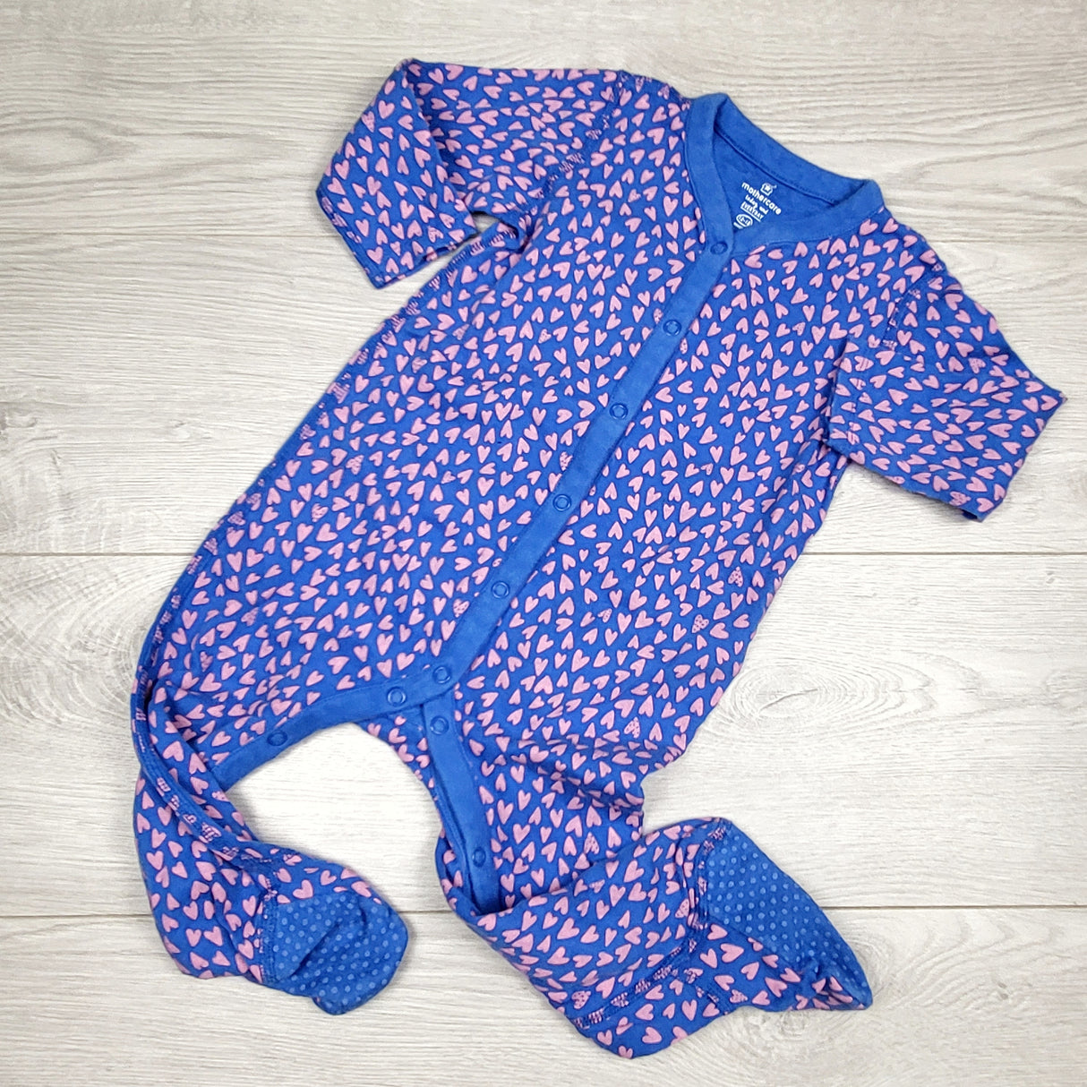 RGRN2 - Mothercare blue cotton sleeper with hearts. Size 12-18 months