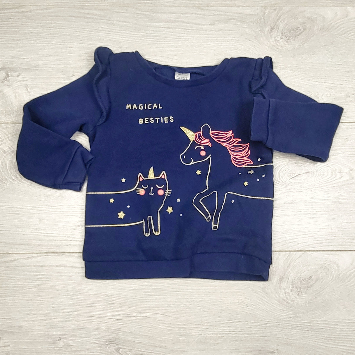 RGRN2 - Carters navy fleece lined sweatshirt with cat and unicorn. Size 24 months