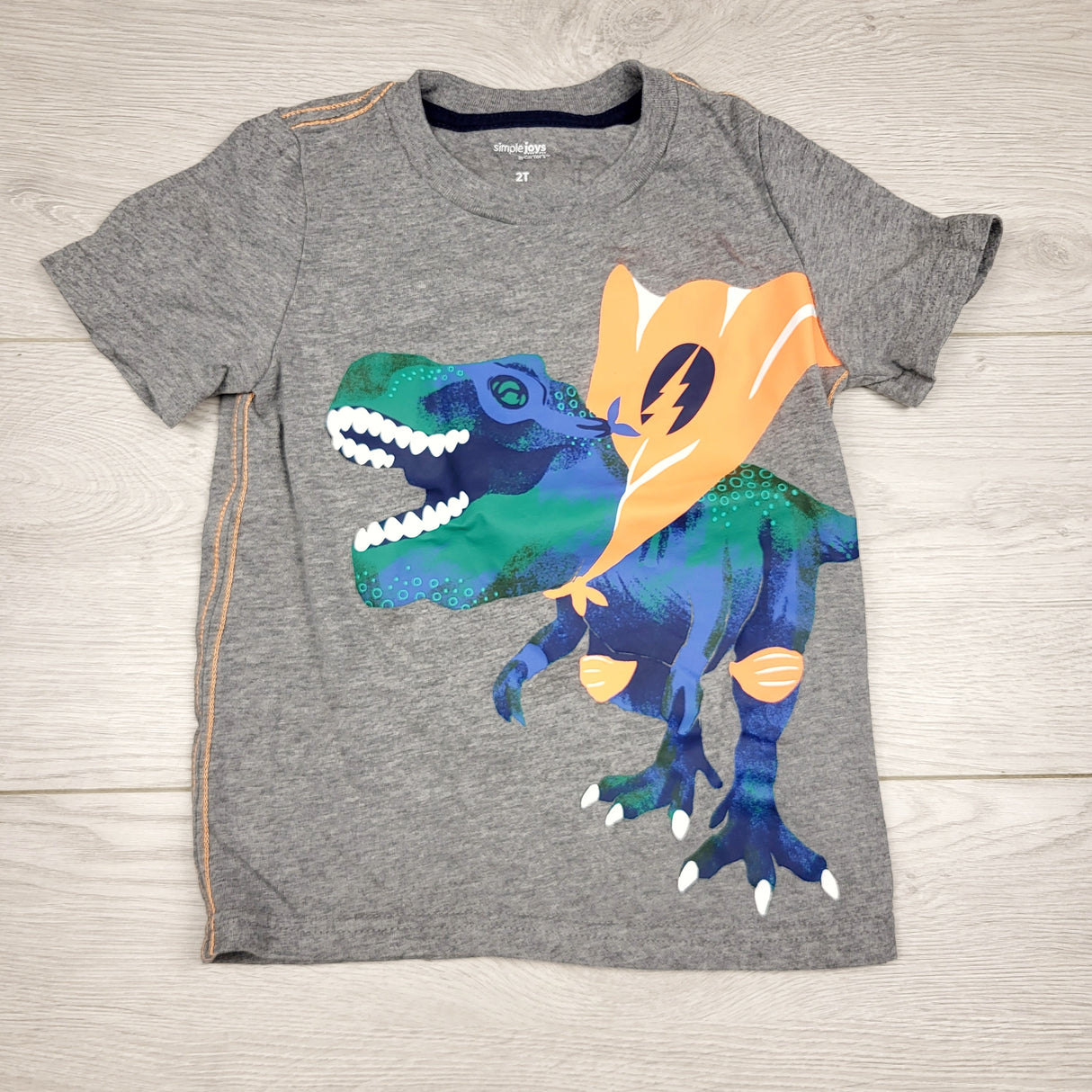 SMRSH3 - Simple Joys grey t-shirt with super hero dinosaur. Size 2T