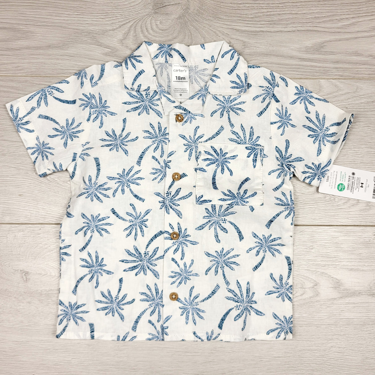 CHLV1 - NEW - Carters white button down top with palm trees. Size 18 months