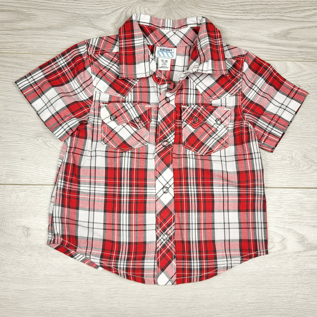 CHLV1 - Old Navy red plaid button down shirt with snap buttons. Size 12-18 months