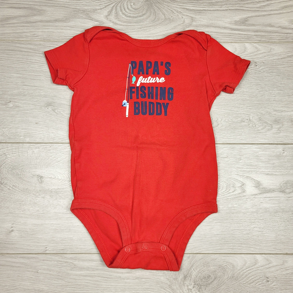 CHLV1 - Carters red "Papa's Future Fishing Buddy" bodysuit. Size 24 months