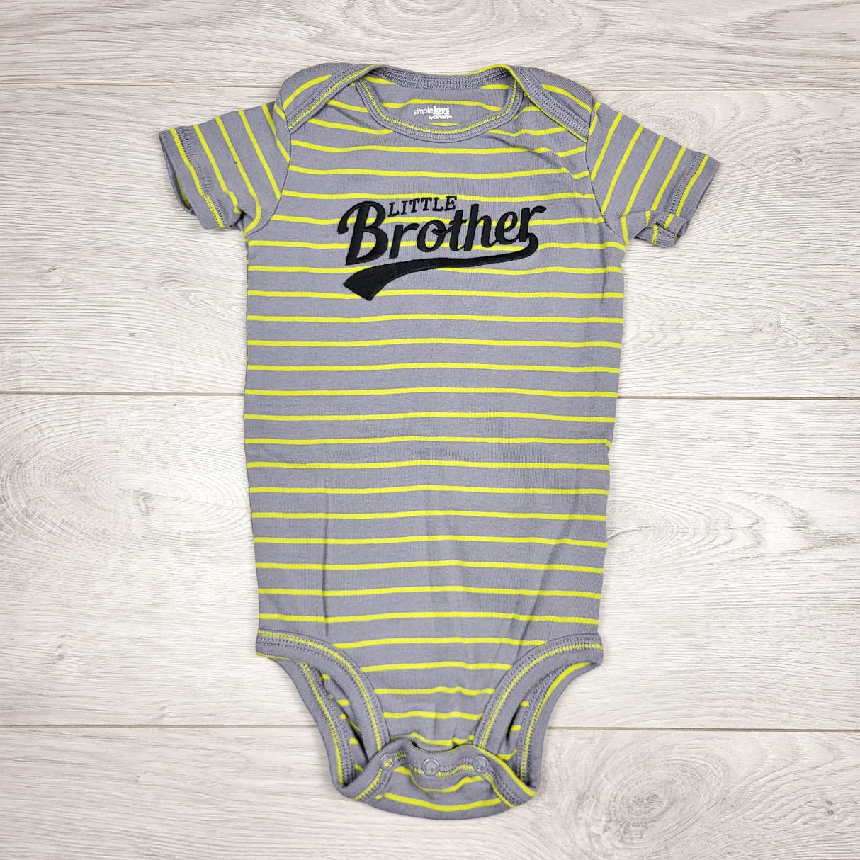 CHLV1 - Simple Joys grey and yellow striped "Little Brother" bodysuit. Size 18 months