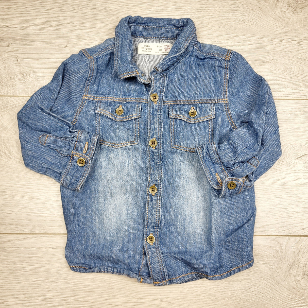 CHLV1 - Zara distressed soft denim button down shirt. Size 9-12 months