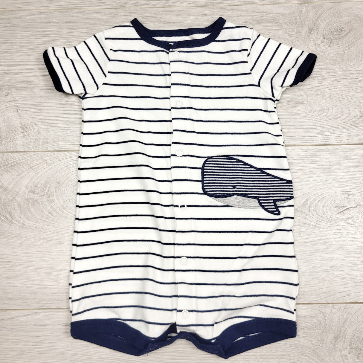 CHLV1 - Carters white and navy striped cotton romper with whale. Size 9 months