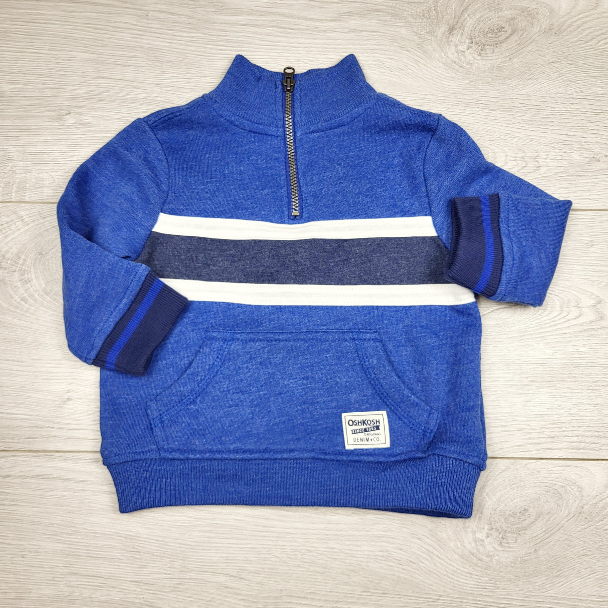 CHLV1 - Oshkosh blue striped fleecy lined half zip pullover sweatshirt. Size 6 months