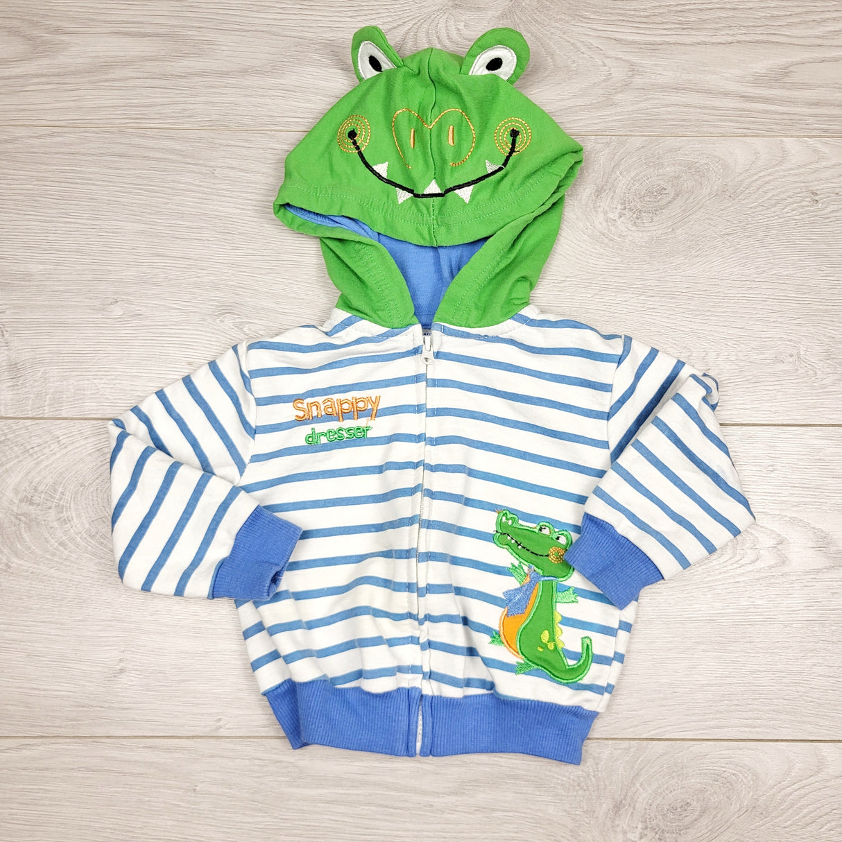 CHLV1 - Weeplay blue and white striped zip up hoodie with frog. Size 6-9 months