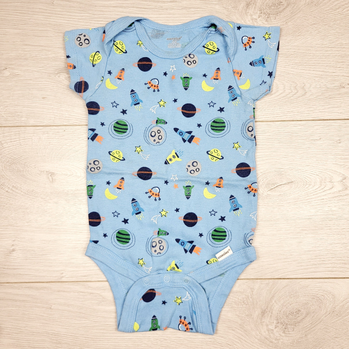 CHLV1 - Onesies blue space themed bodysuit. Size 12 months