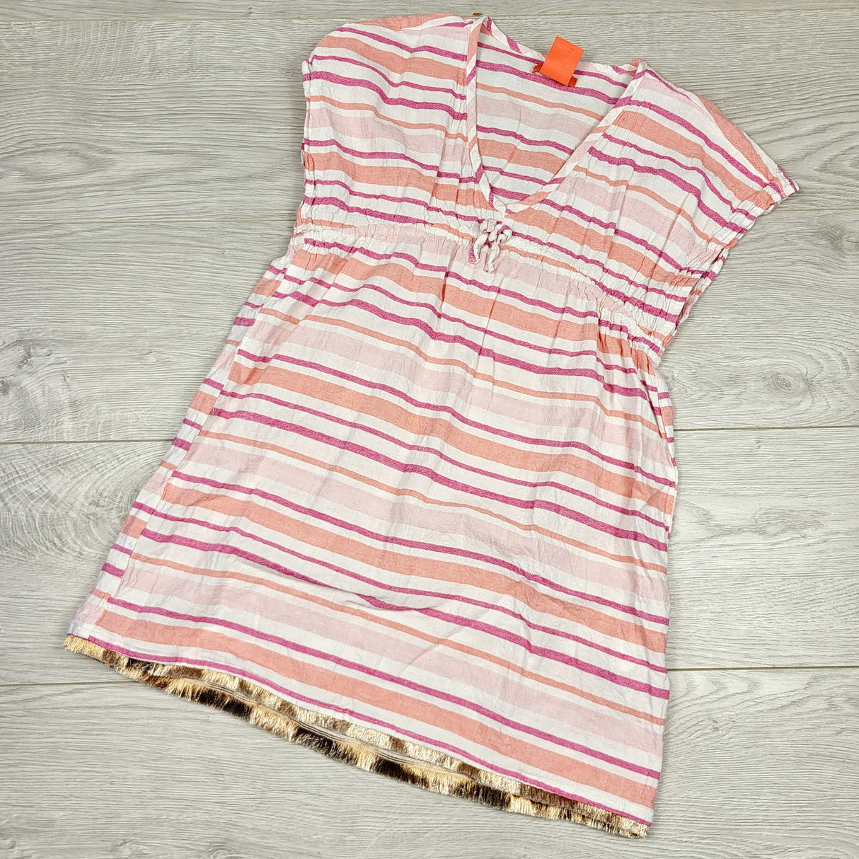 LBYL1 - Joe pink striped linen feel beach cover up / dress. Size 7/8