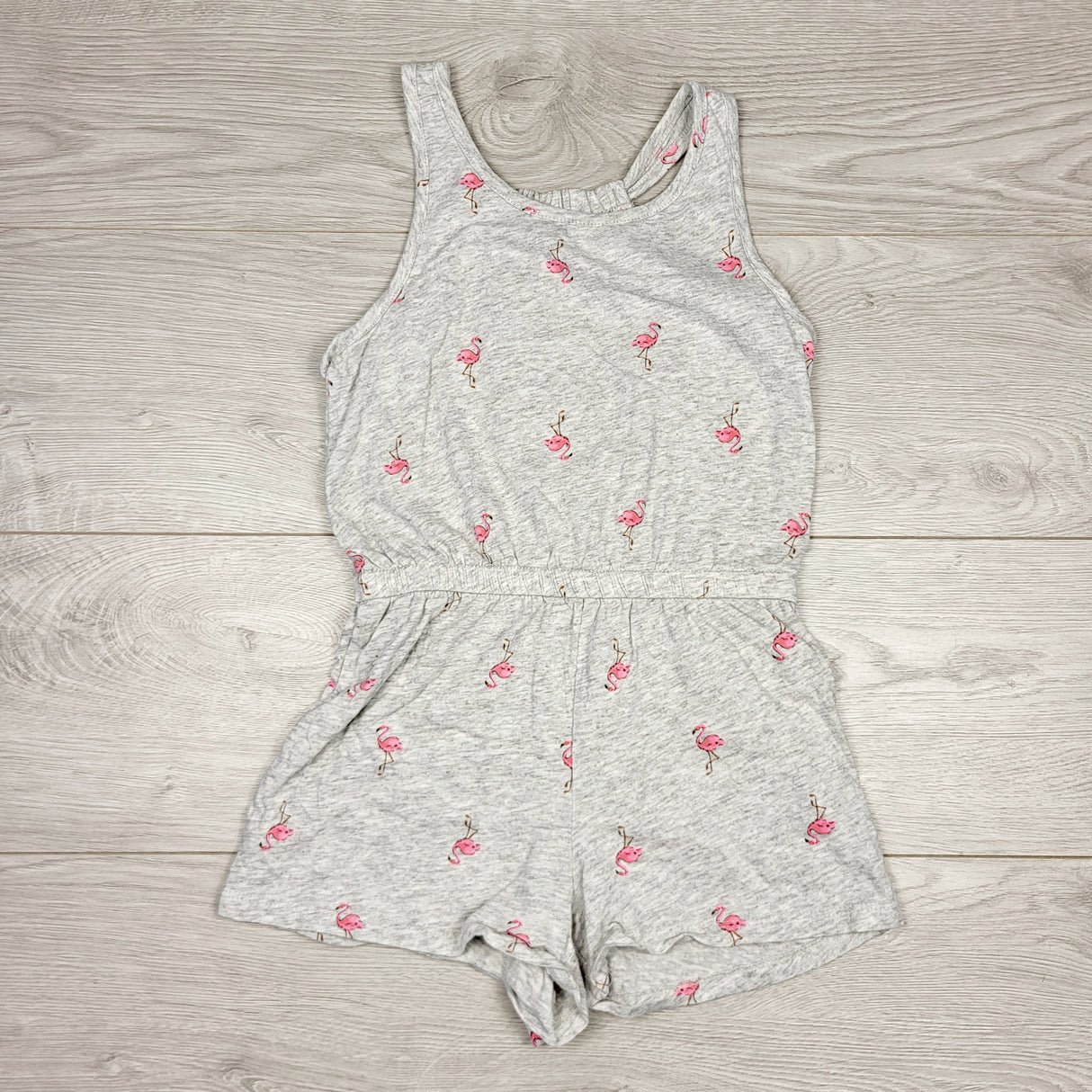 LBYL1 - Old Navy grey cotton romper with flamingos. Size 6/7