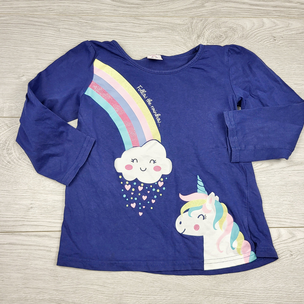 LBYL2 - Kiki and Koko navy top with rainbow and unicorn. Size 4/5T