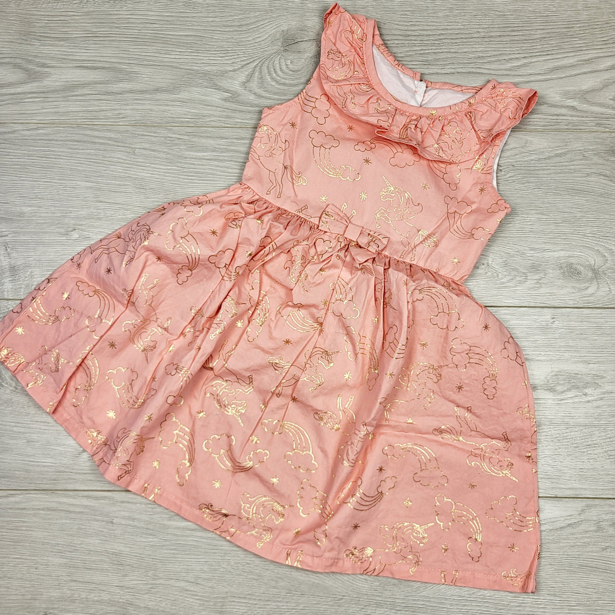 LBYL2 - Nannette Kids pink dress with gold foil print rainbows and unicorns. Size 4T