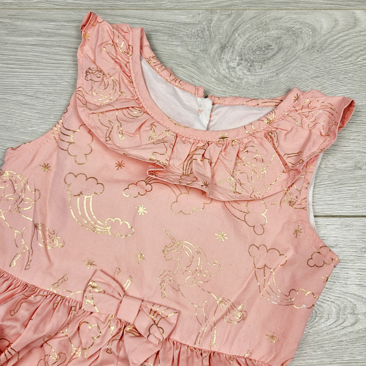 LBYL2 - Nannette Kids pink dress with gold foil print rainbows and unicorns. Size 4T