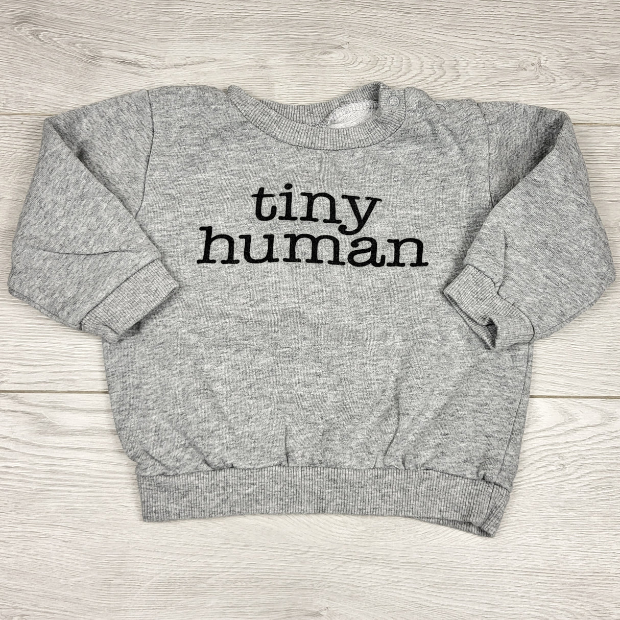 KARE2 - Indigo grey fleecy lined "Tiny Human" crewneck. Size 12-18 months