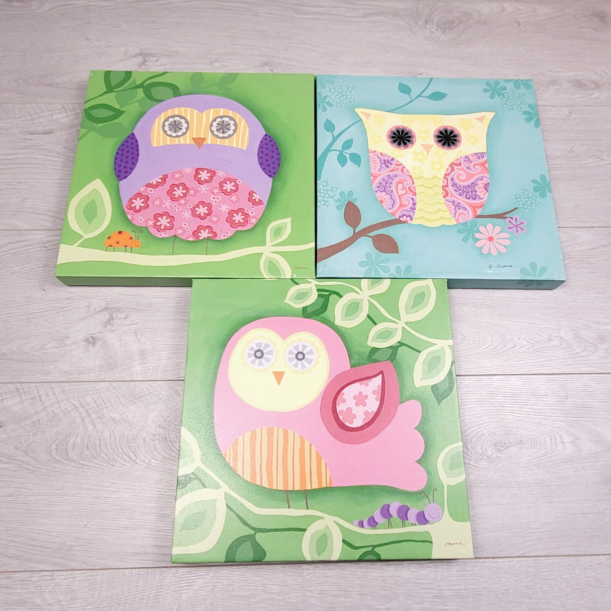 CHLV4 - Set of canvas owl wall hangings. Local pick up or delivery only