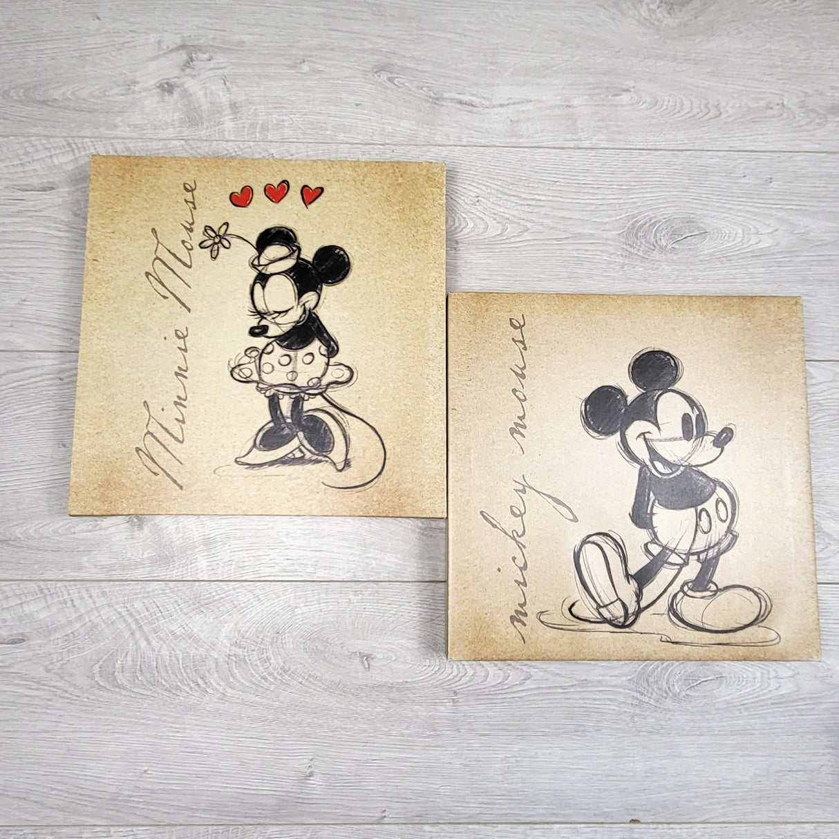 CHLV4 - Artissimo Disney 1 Mickey & 1 Minnie Mouse Sketched Canvas Prints 14" x 11". Local pick up or delivery only