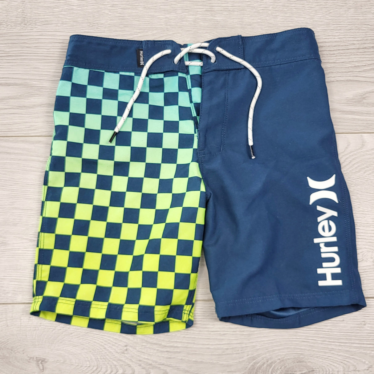 KHW1 - Hurley navy checked board shorts. Size 5T