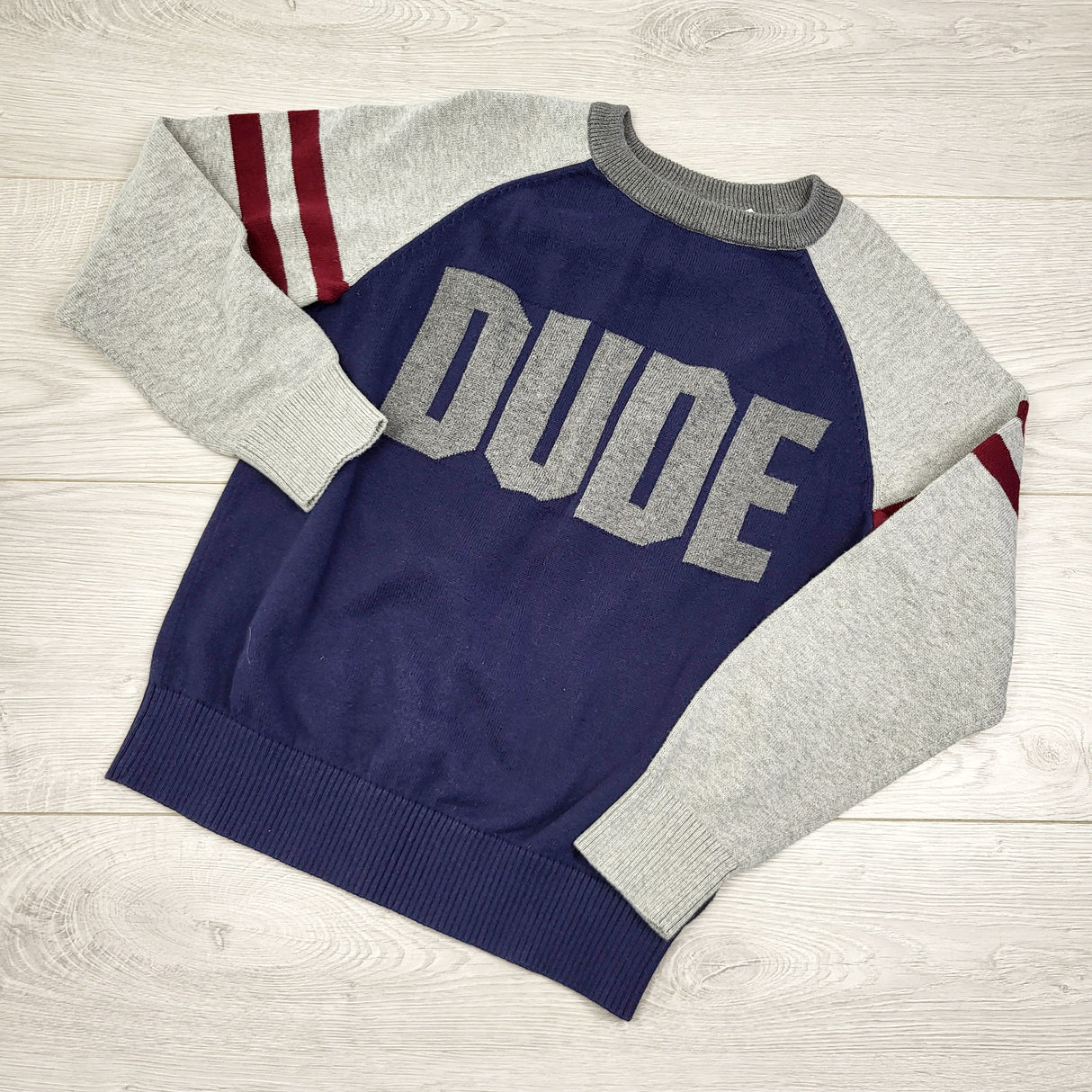 KHW1 - Children's Place navy and grey "Dude" sweater. Size 7/8