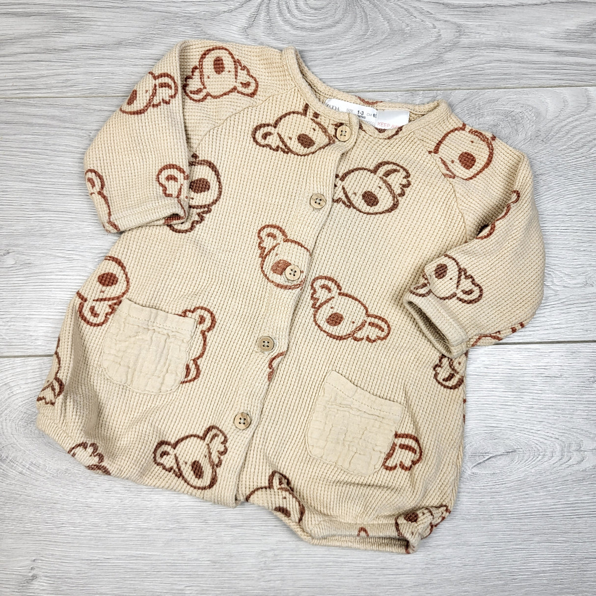 DMKY1 - Zara beige waffle knit romper with koalas. Size 1-3 months