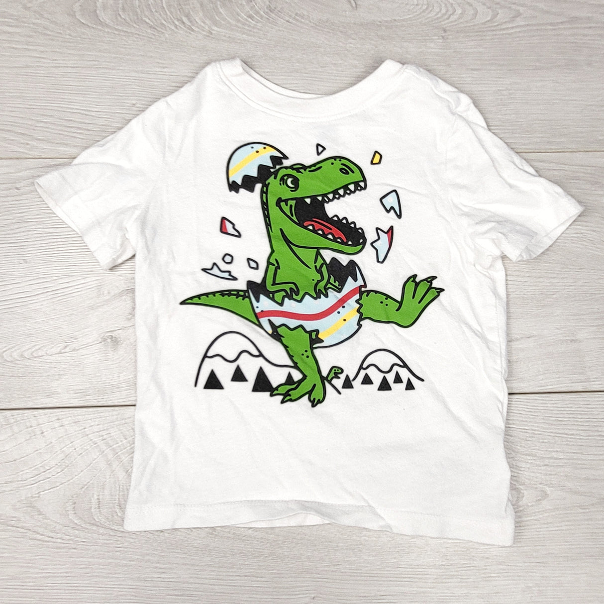 NTLL1 - Old Navy white t-shirt (T-Rex hatching from Easter egg). Size 2T