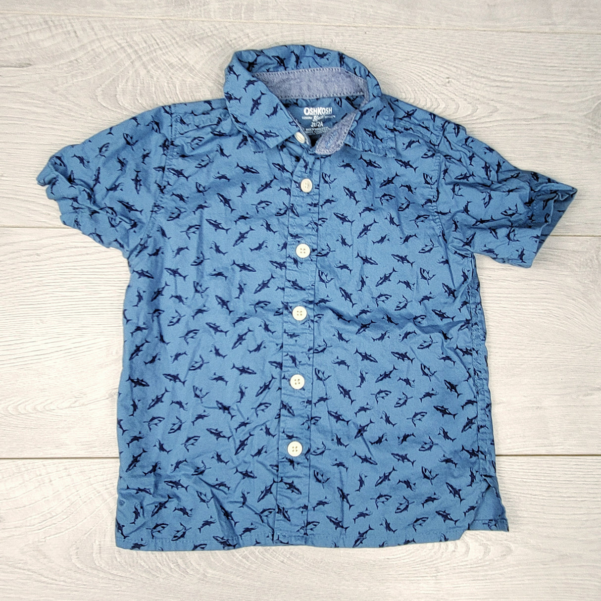 NTLL1 - Oshkosh blue button down shirt with sharks. Size 2T