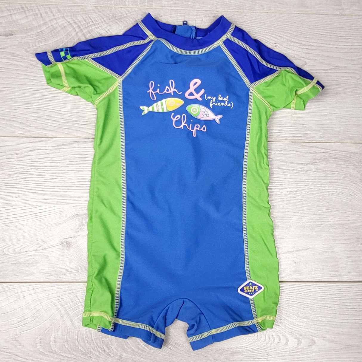 NTLL1 - Gagou Tagou blue and green one piece rash guard. Size 2T