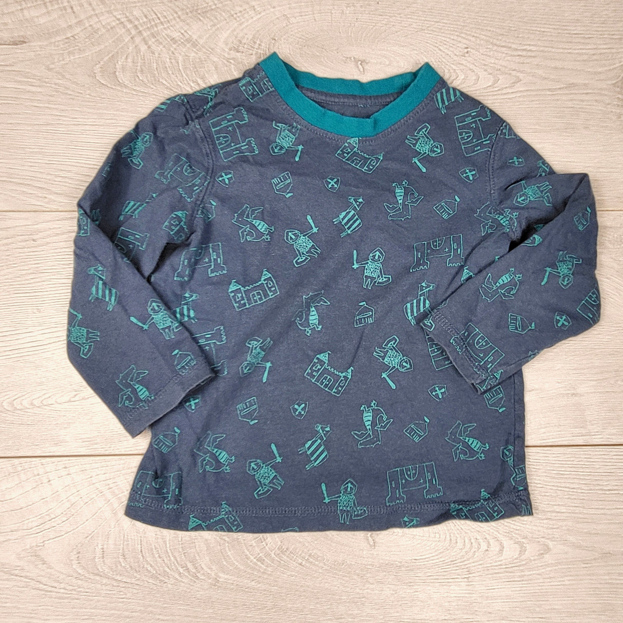 NTLL1 - George grey and teal long sleeved top with knights and castles. Size 4T