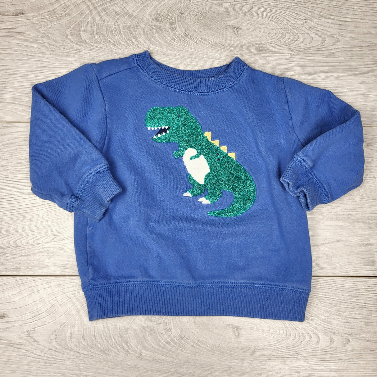 NTLL1 - Carters blue fleecy lined sweatshirt with chenille dinosaur. Size 18 months