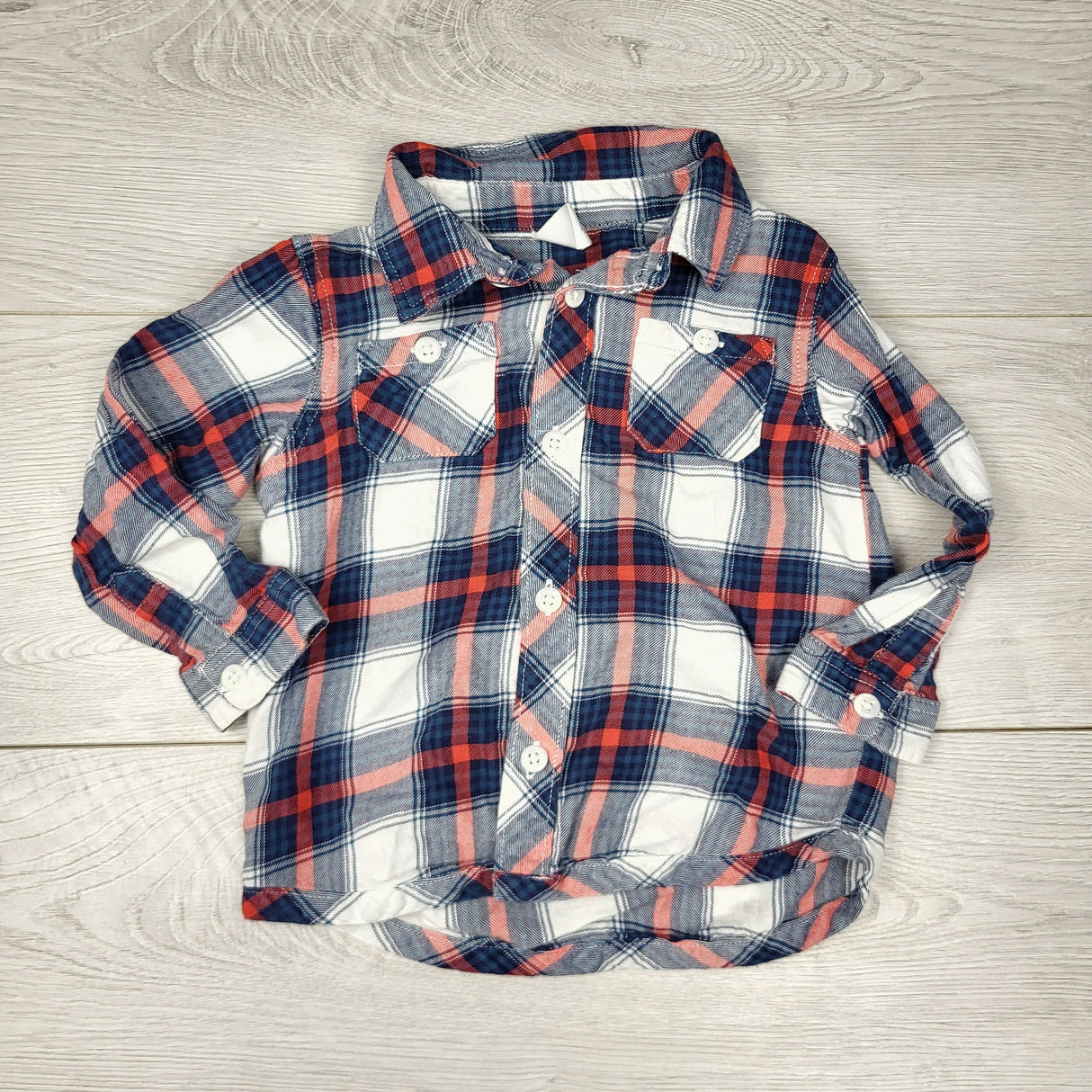 NTLL1 - Old Navy navy plaid button down shirt. Size 18-24 months