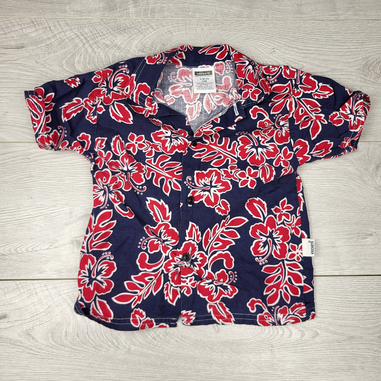 NTLL1 - Krickets navy and red Hawaiian print button down shirt. Size 24 months