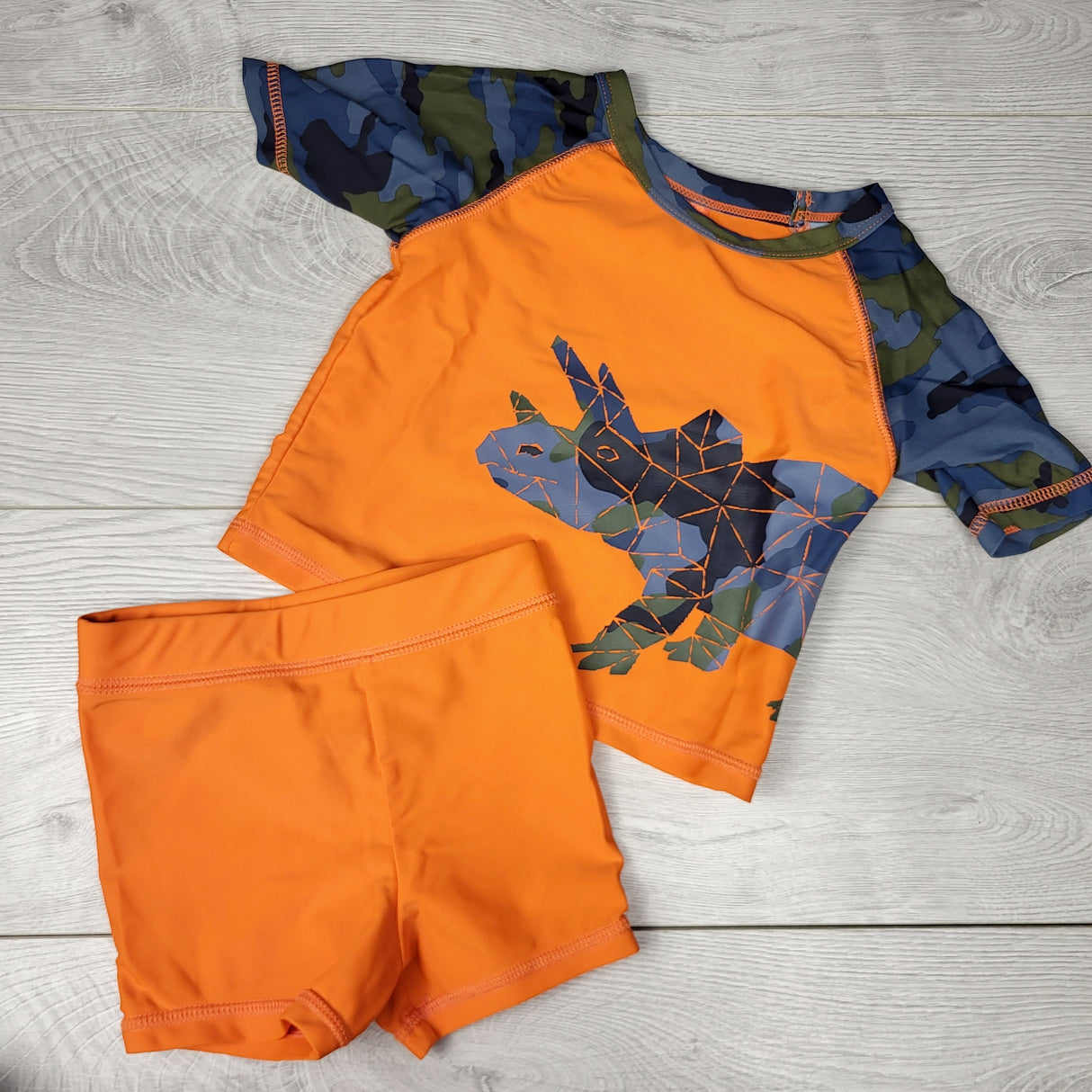 NTLL1 - Joe and orange camouflage 2pc swim set with dinosaur. Size 12-18 months