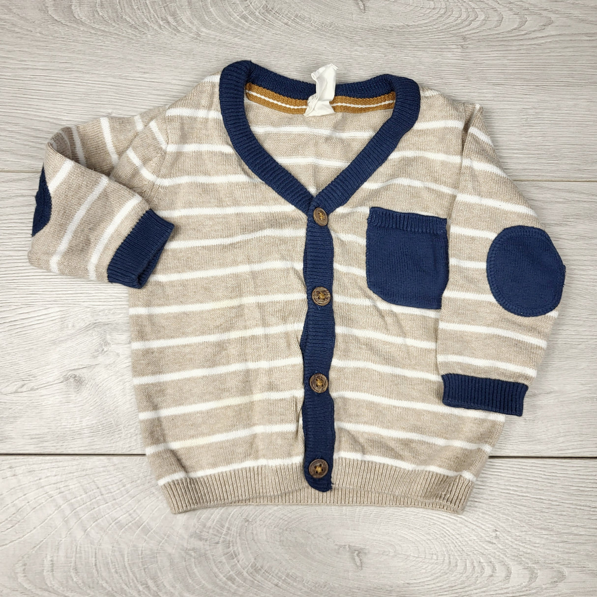 NTLL1 - H and M beige striped cardigan sweater with navy accents. Size 4-6 months