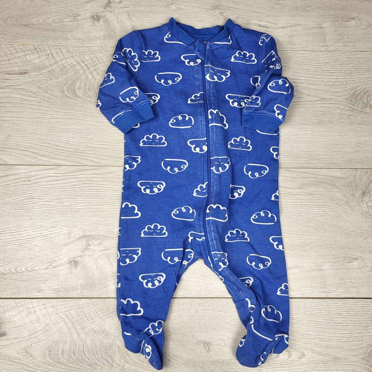 NTLL1 - George blue zippered cotton sleeper with clouds. Size 0-3 months