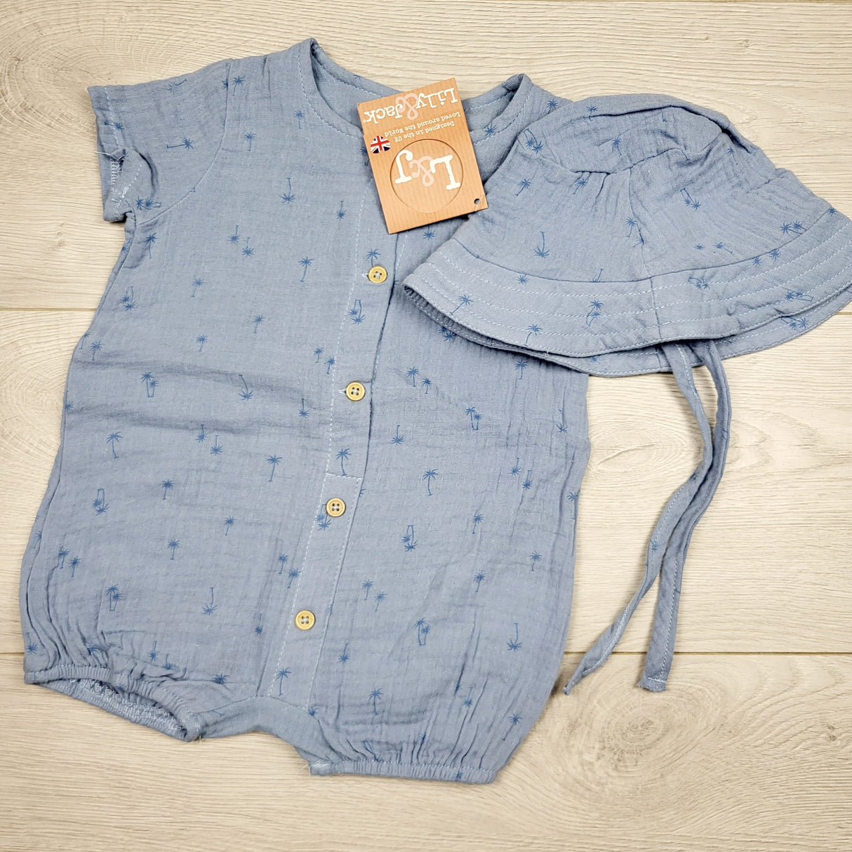 DMKY2 - NEW - Lily and Jack blue muslin 2pc romper set. Size 3-6 months